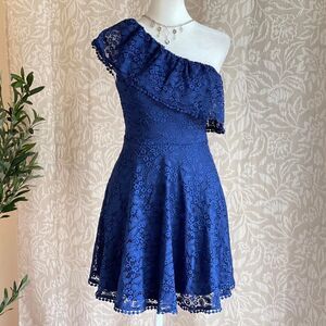 Francesca's Blue One Shoulder Lace Dress Ruffle Fit & Flare Cocktail Party Sz XS
